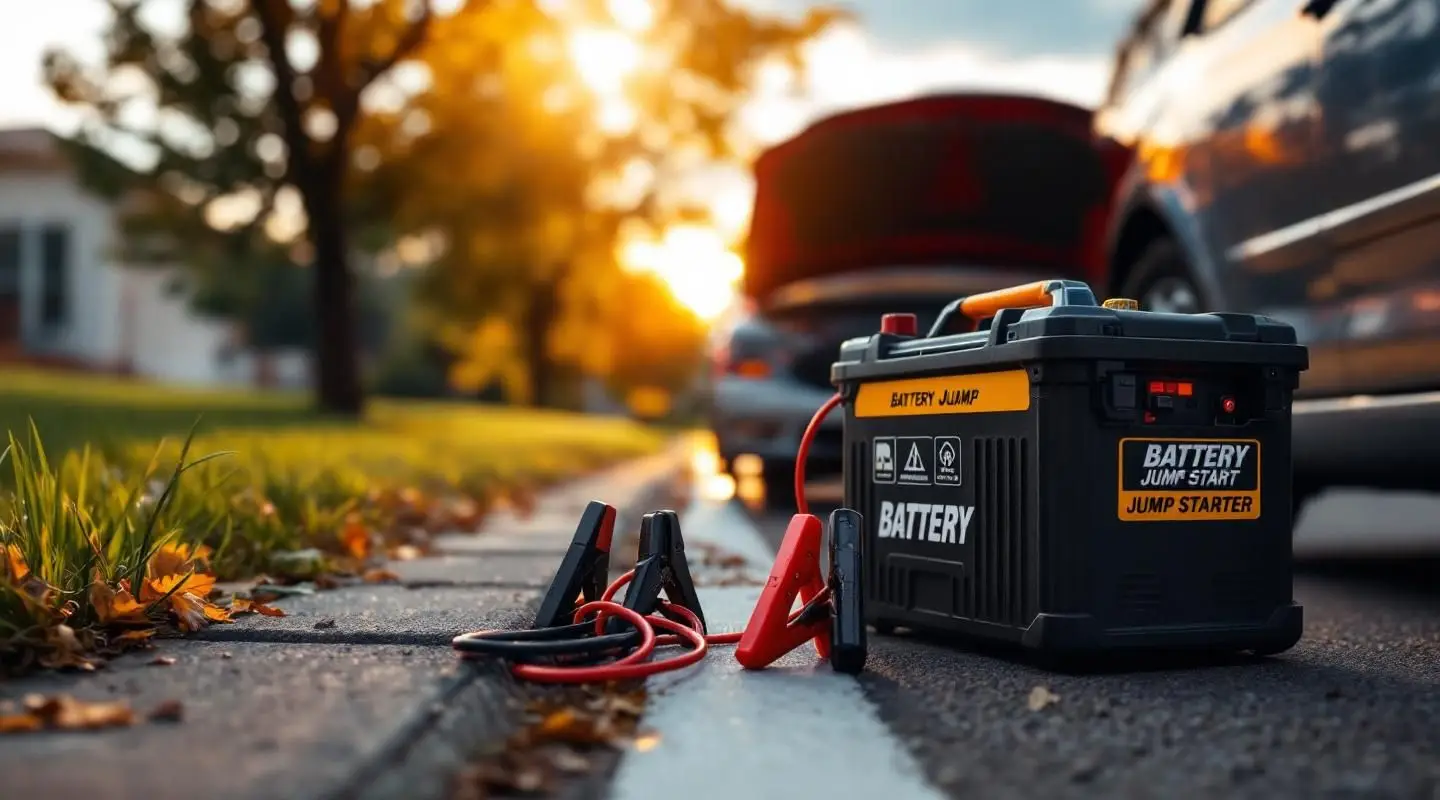 Leoma's Towing technician performing a professional battery jump start on a stranded car in Nashville at dusk.