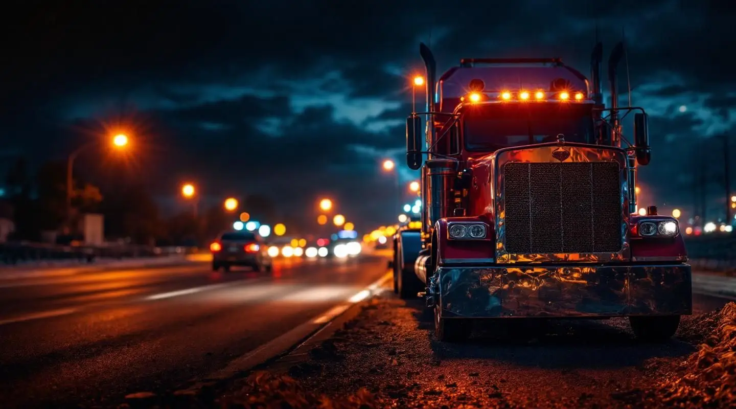 A Leoma's Towing flatbed truck with amber safety lights assisting a family vehicle on a rainy Nashville highway at night.