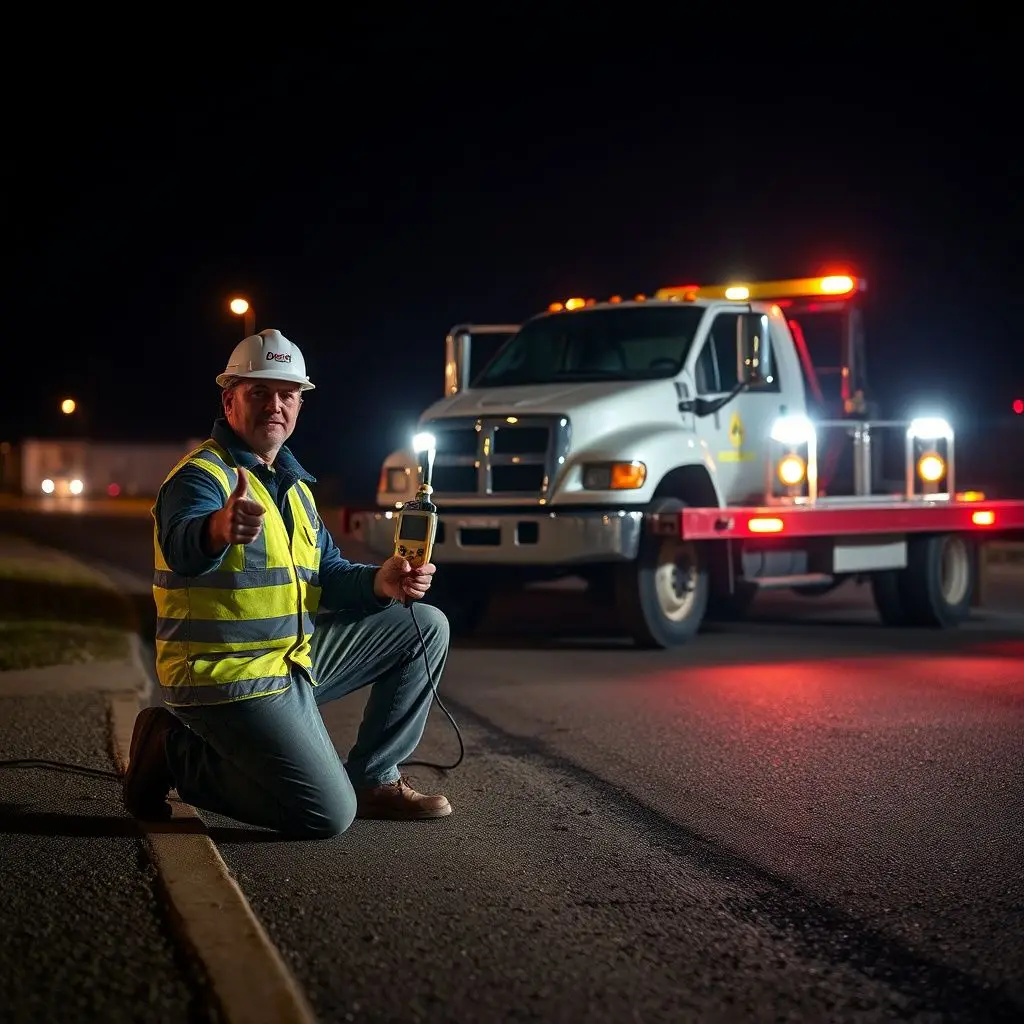 A professional tow truck operator in safety gear performing a battery jump start for a stranded motorist in Ashland City.