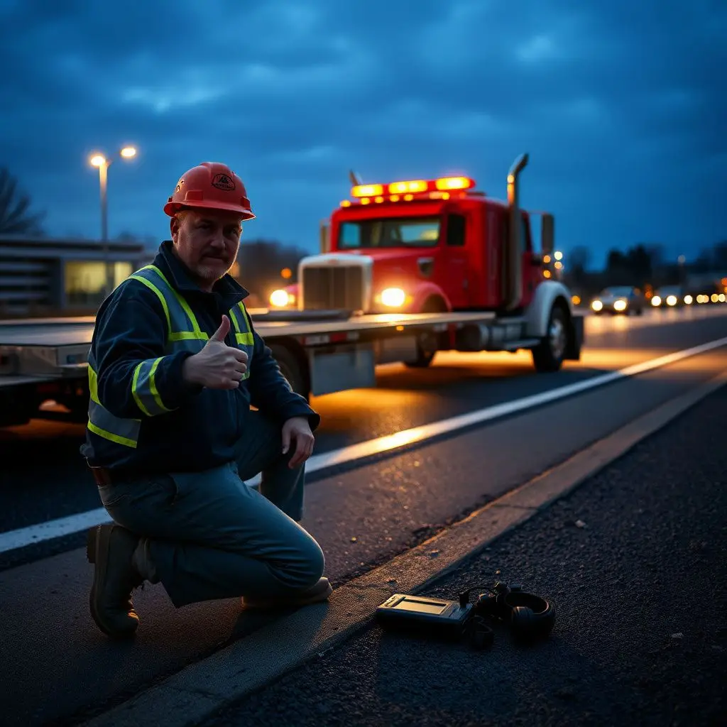 A professional tow truck driver in a high-visibility vest performing a safety check on a vehicle before transport in Pegram.