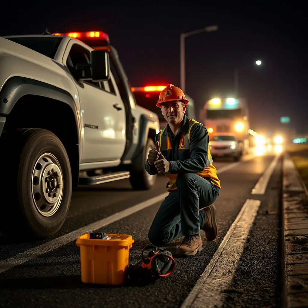 A professional tow operator in high-visibility gear performing a battery jump start for a motorist in a residential driveway.