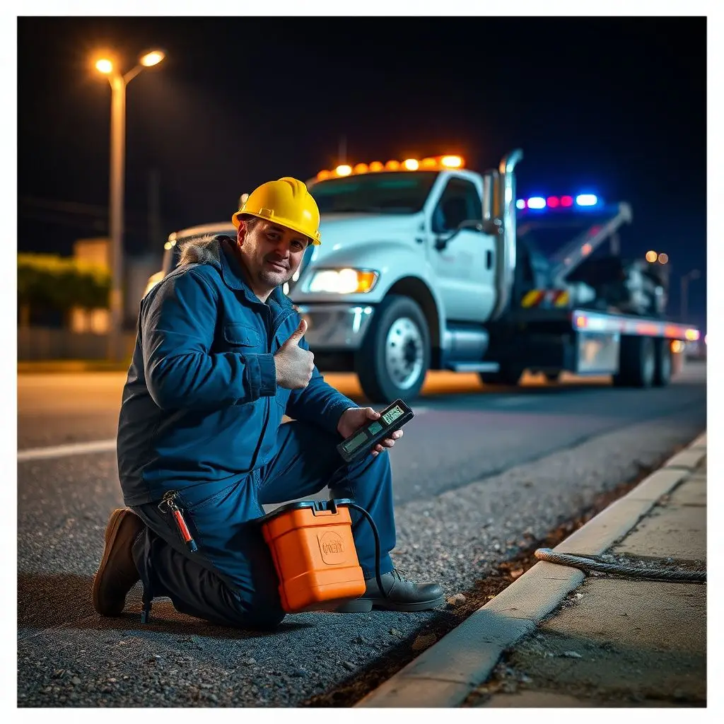 A tow truck operator helping a driver with a vehicle lockout service in a busy Nashville parking lot.